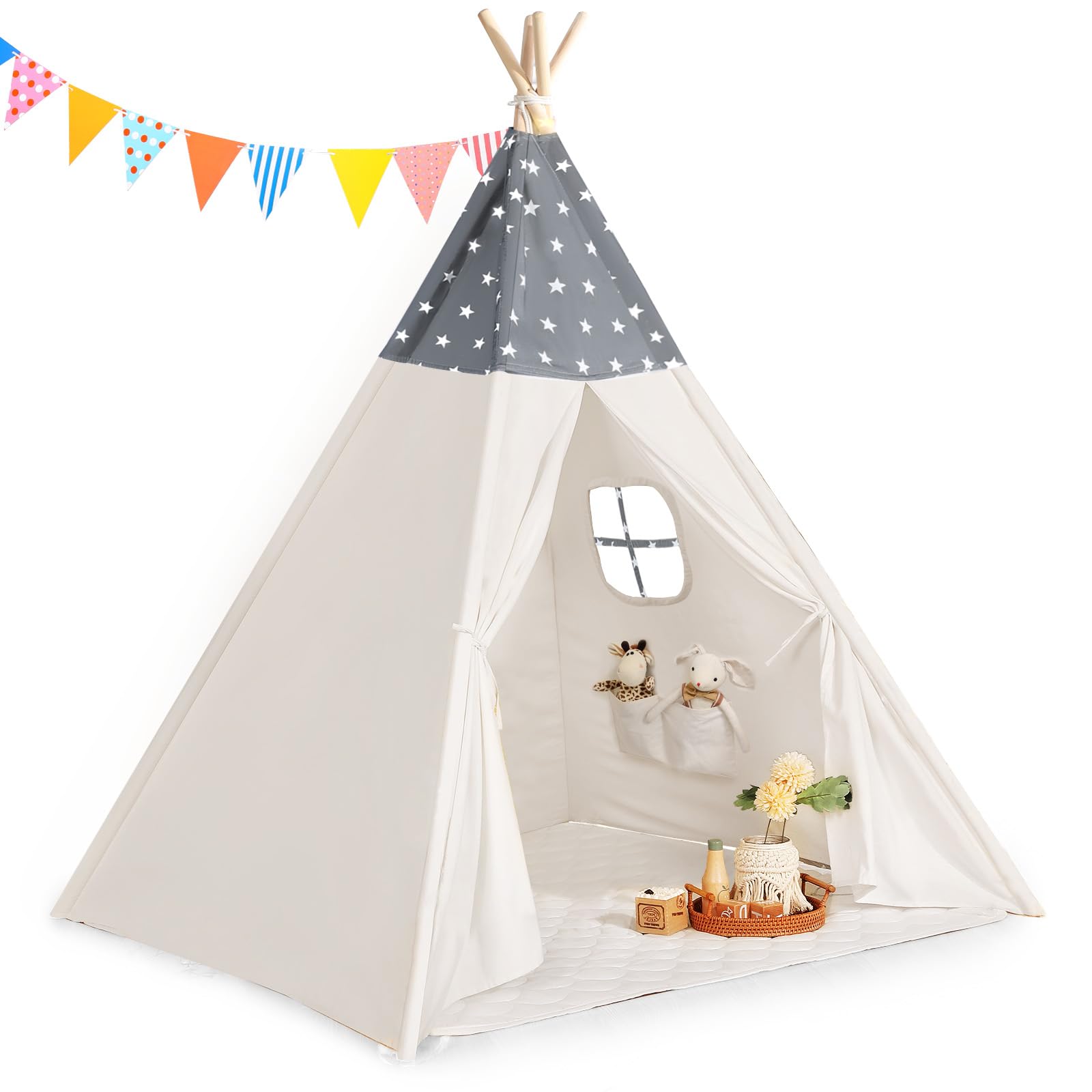 Sumbababy Teepee Tent for Kids, Cotton Canvas Indoor Play Tent, Foldable Toddler Sleepover Tents for Girls & Boys Slumber Party, Washable Gift Set with Star Lights, Banner & Carry Bag, Stars Design