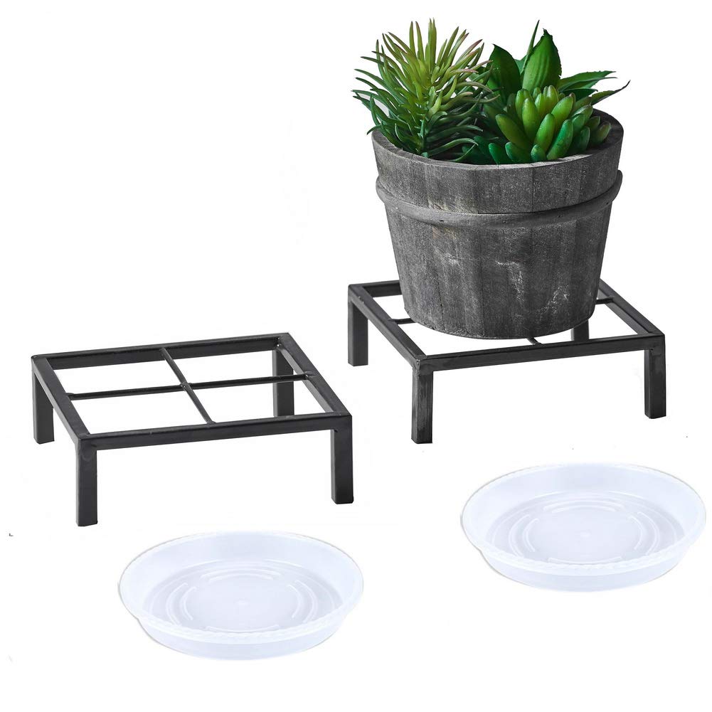 Photo 1 of TenFuju 6" Small Metal Duty floor Potted Plant Stand Flower Pot Holder with Saucer Indoor Outdoor Rustproof Iron Garden Container Square Supports Rack for Planter ,2 Pack(back color )