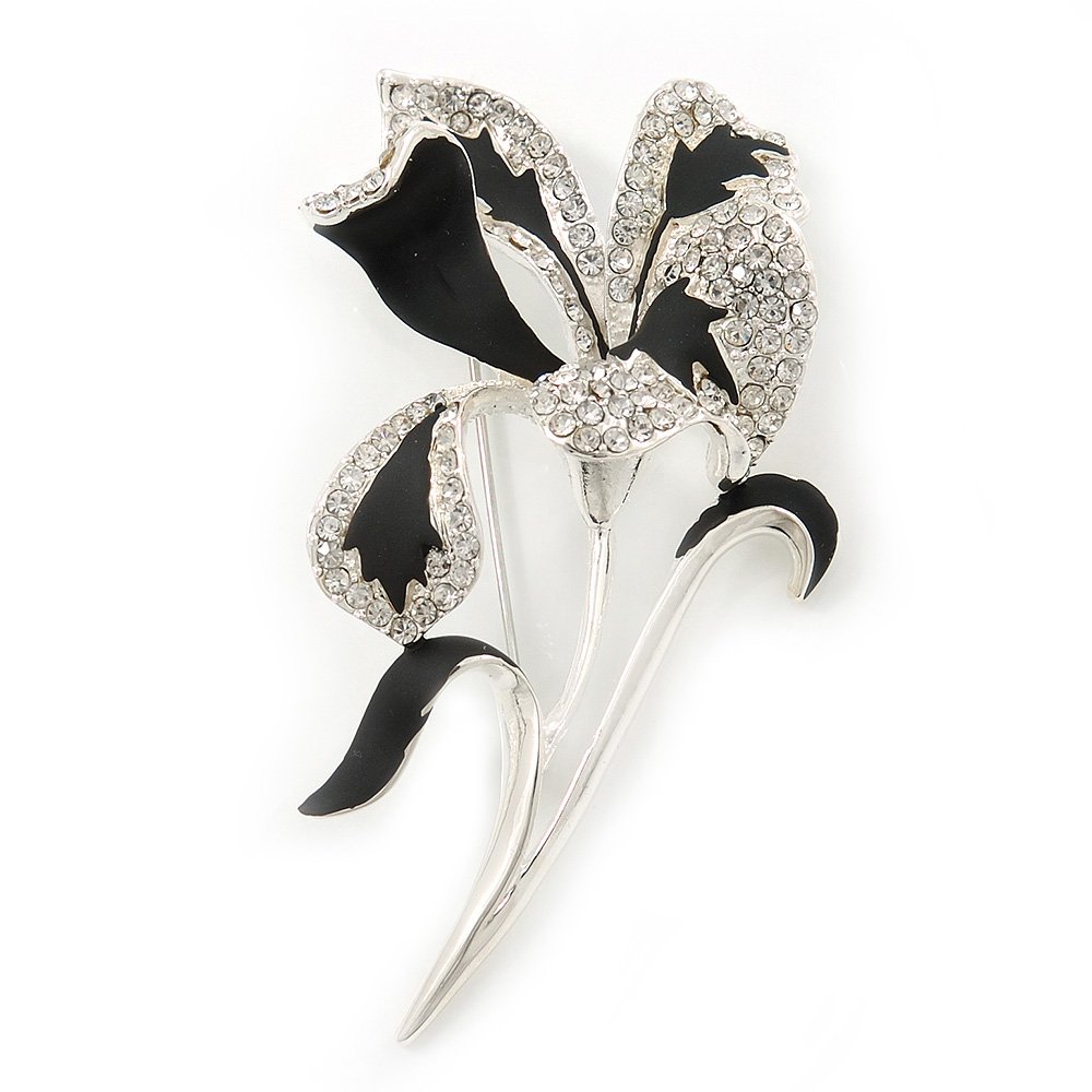 Black/Silver Tone Clear Diamante 'Calla Lily' Brooch - 75mm Length