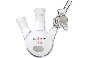 Laboy Glass 50mL 2 Neck Round Botthom Schlenk Flask Reaction Kettle with 14/20 Joint & Glass Stopcock Air-Free at Side Arm Ch