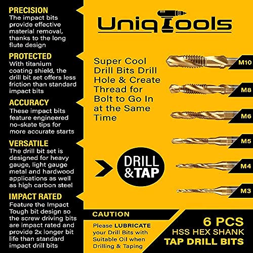 UNIQTOOLS 6 Pack Titanium Combination Drill Tap Bit Set Screw Tapping
