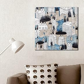 Square Abstract City Painting with Human Faces Among Buildings