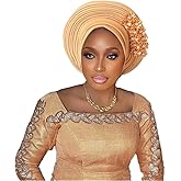 Auto Gele African Head Wrap, Ready-to-Wear Turban with Crystal Flower Detail, Multiple Colors Available