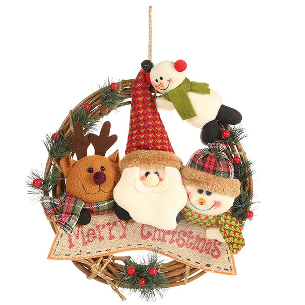 Christmas Wreaths Hanging Decor, Xmas Rattan Garlands with Cute Doll for Front Door Home Shop Kitchen Wall Window Hall Christmas Tree Decoration Ornaments (Santa Reindeer style)