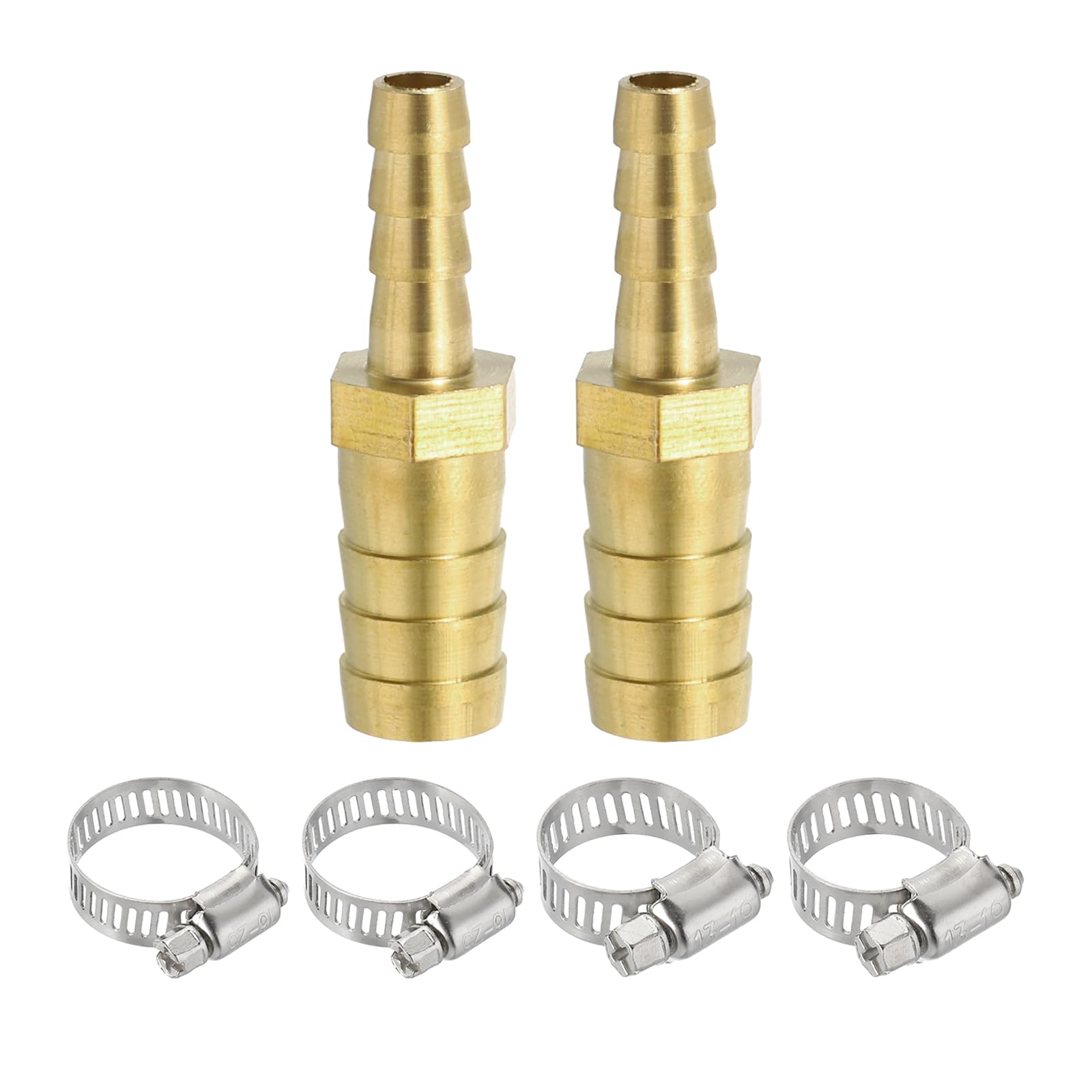 PATIKIL 1/4" to 3/8" Brass Hose Barb Reducer, 2Pcs Barbed Hose Fittings with 4 Stainless Steel Clamps Reducing Splicer Mender Union Adapter for Air Water Fuel