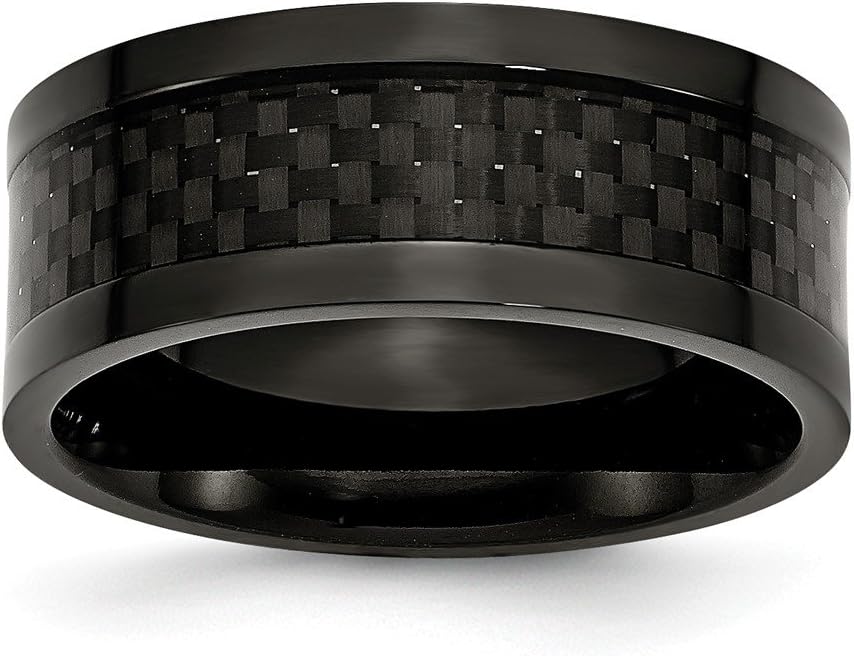 RoseCharm Beautiful Titanium 9mm Black IP-Plated w/Carbon Fiber Inlay Polished Band