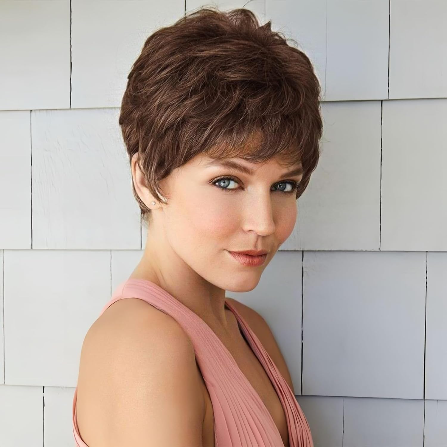 Queentas Short Pixie Cut Wigs for Women Layered Short Wig Synthetic Hair Brown Wig for Women Ladies WIgs UK (Brown)