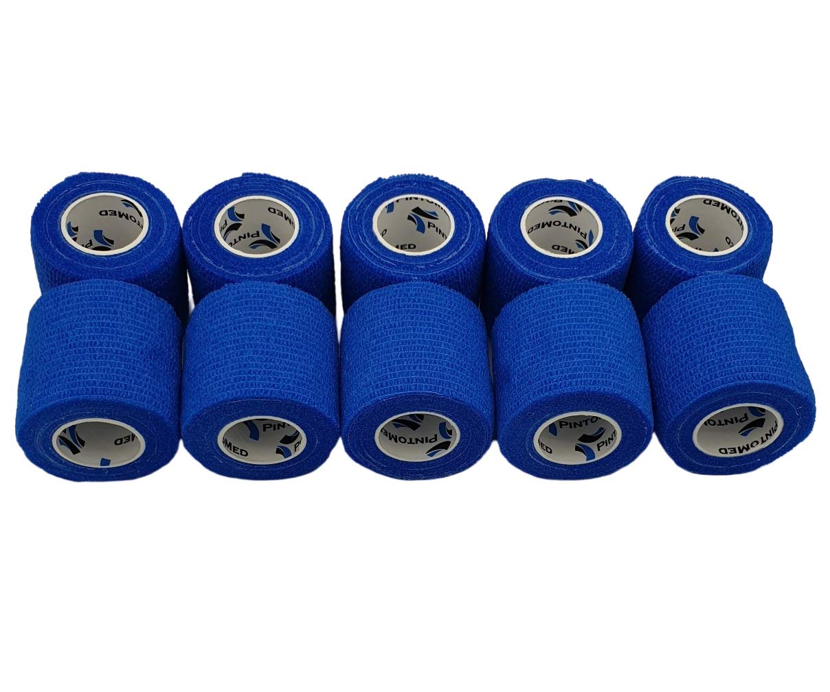 PintoMed – 10 X Blue X 5CM X 4.5M - Cohesive Bandage Stretched, Self-Adhesive Flexible Bandages, First Aid Sports Wrap Bandages Pack Individually for Medical, Sports and Veterinary use.