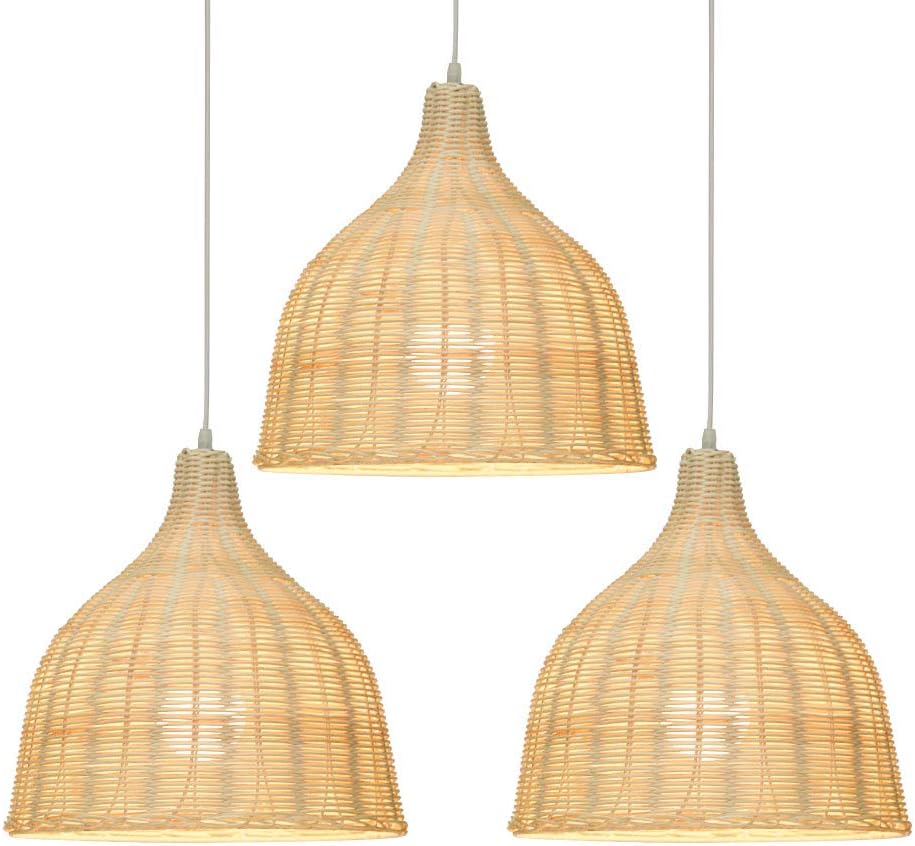 KIRIN Bamboo Rattan Light Pendant Hanging Lamp Nordic Chandelier for Kitchen Bedroom Living Room Restaurant Hotel Fixture E26 Base 3 Pack (13.78" Dia)