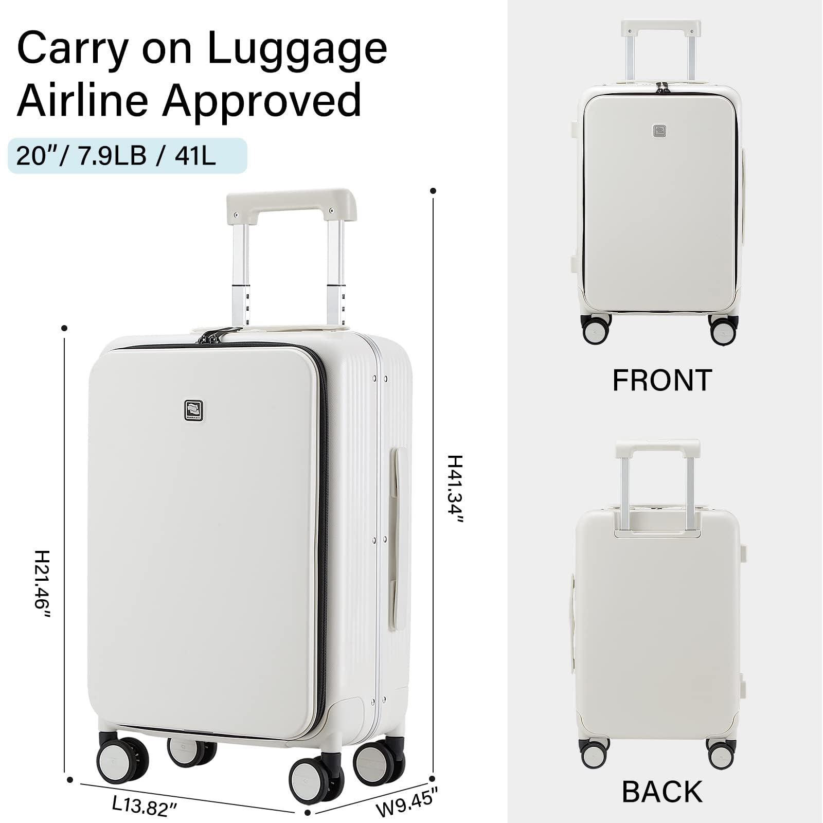 Hanke Grace Hard Shell Suitcases with Wheels,20 Inch Carry On Luggage Airline Approved with Aluminum Frame, Travel suitcase with Front Pocket Travel Luggage for Short Business Trips, Smoke White.