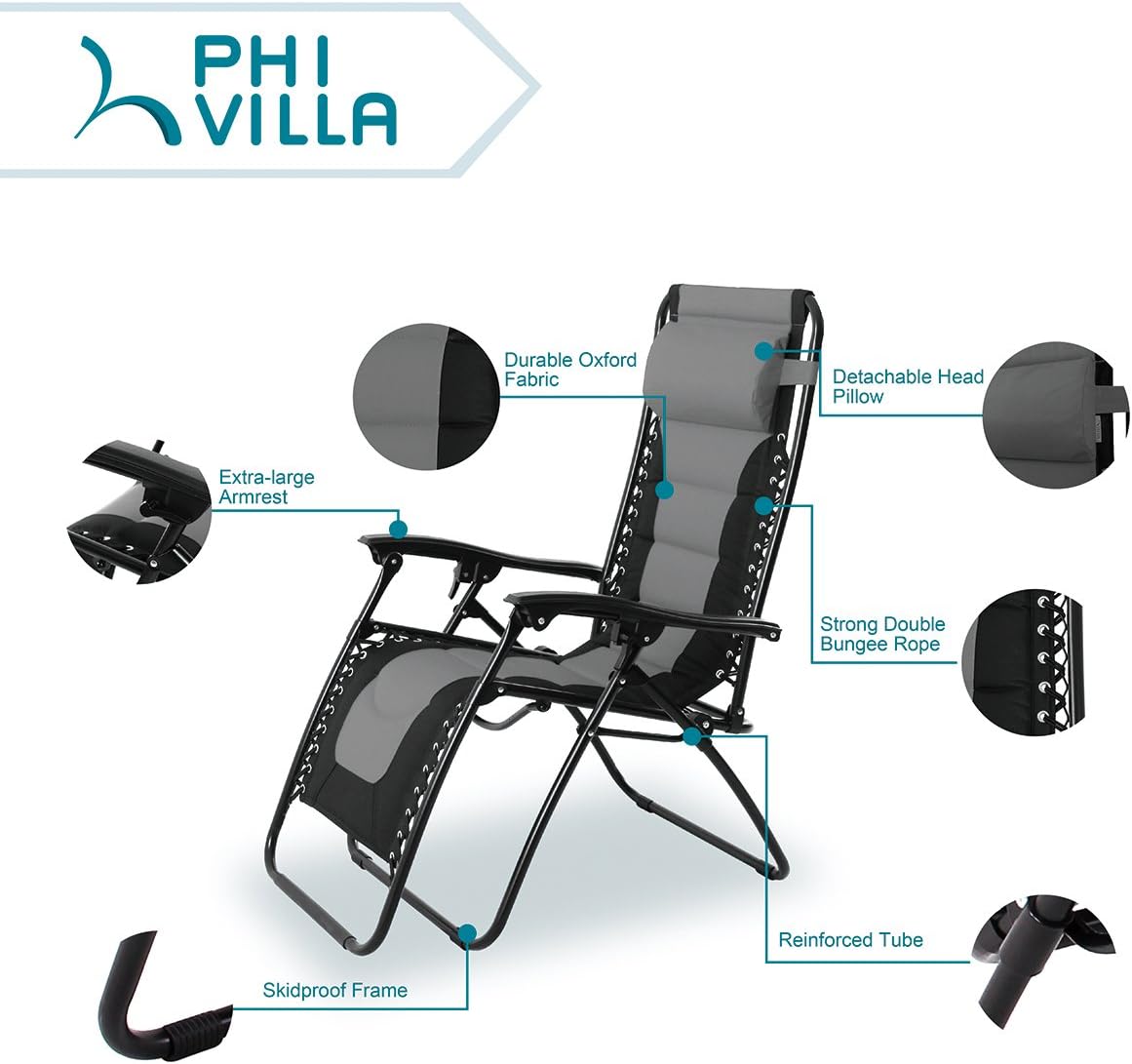 PHI VILLA Padded Zero Gravity Lounge Chair Patio Adjustable Reclining with Cup Holder for Outdoor Yard Porch (Grey) : Garden & Outdoor