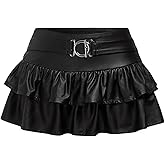Floerns Women's Leather Y2k Mini Skirt Layered Ruffle Gothic Punk Low Rise Waist Skirt
