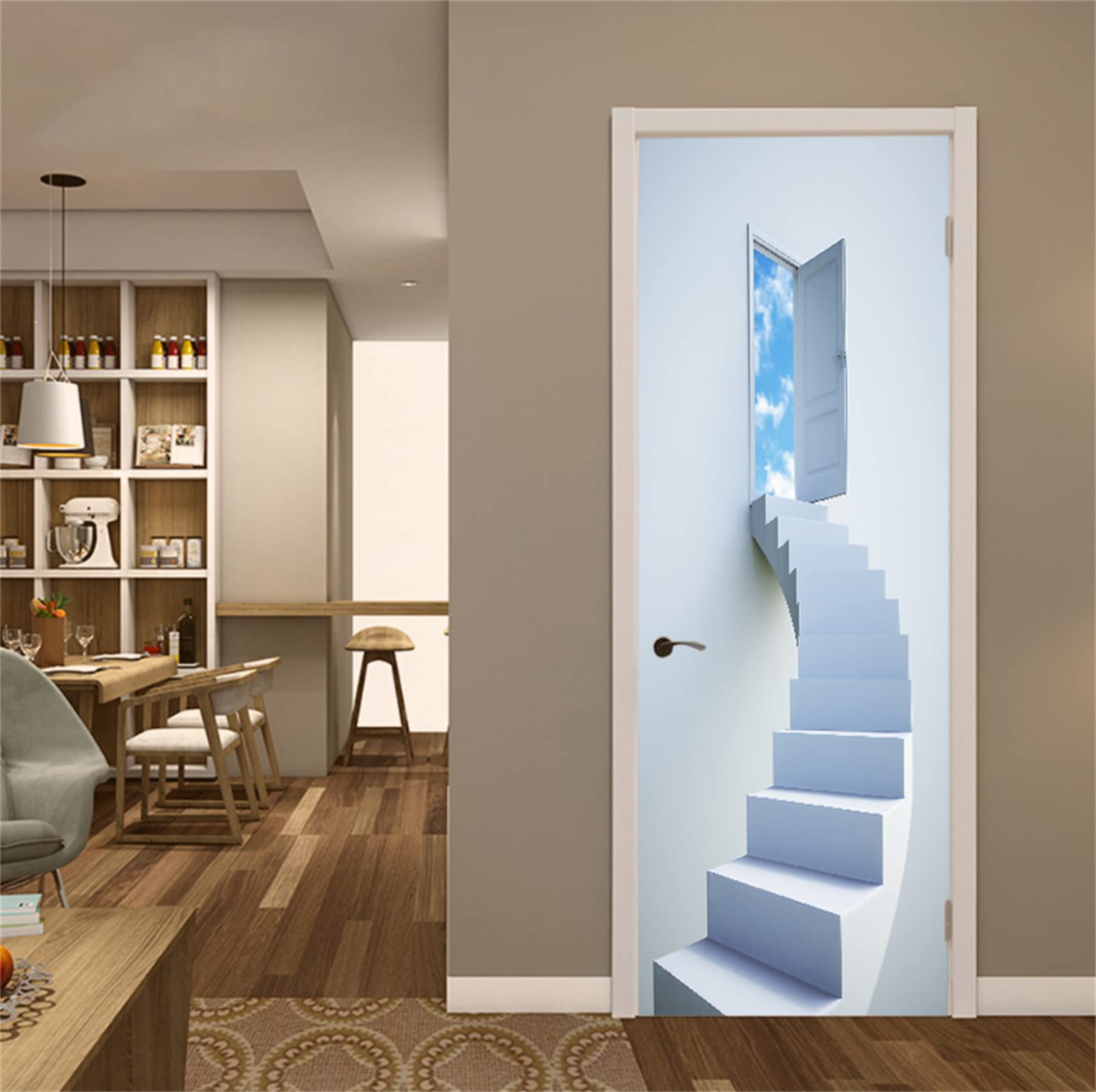 FLFK 3D Door Stickers Peel and Stick 77x200cm,Self-Adhesive Door Murals Wallpaper Poster White Spiral Stairs Decals for Home Decor(2Pcs/Set)