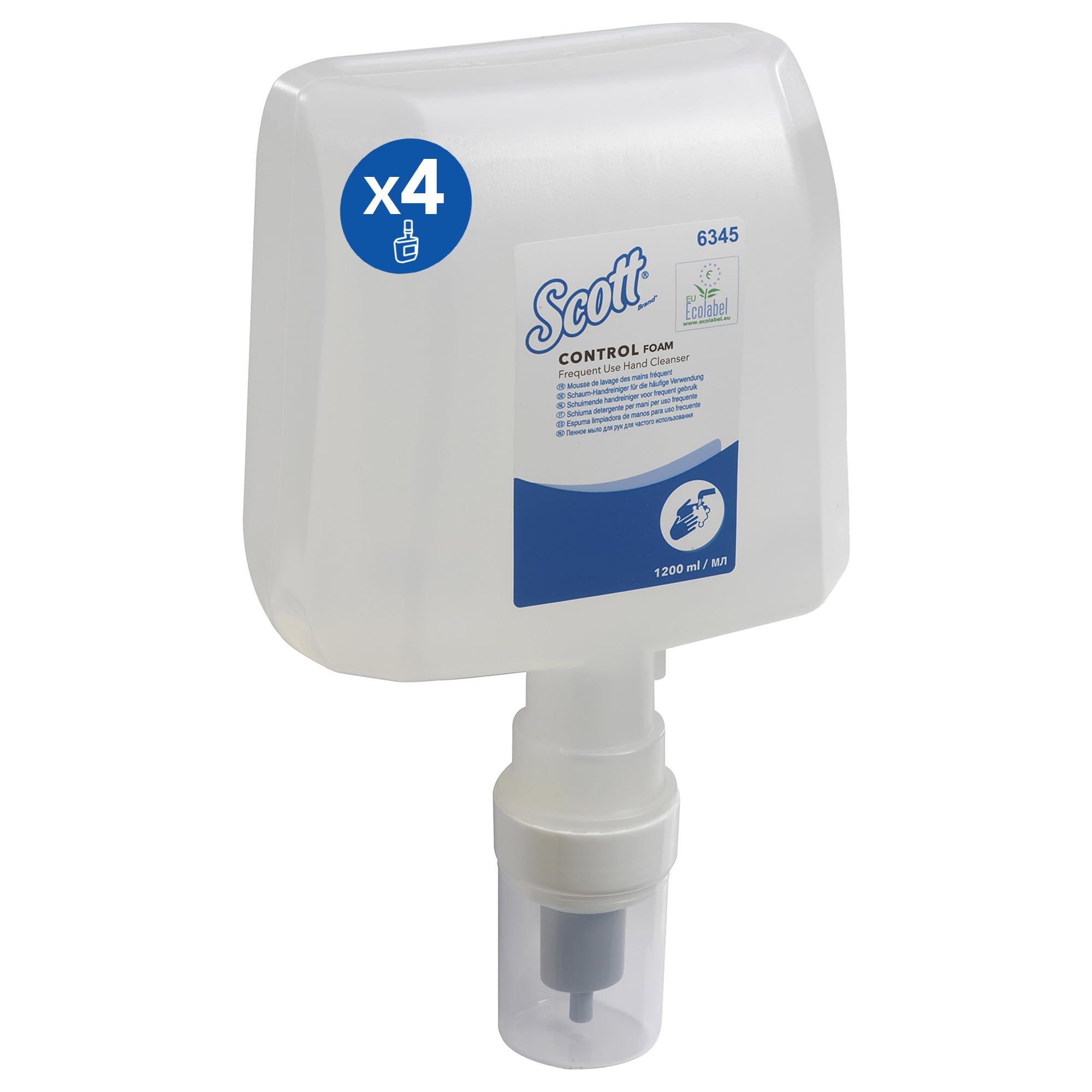 Scott® Control™ Foam Hand Cleanser 6345, Unscented Foaming Hand Soap for Frequent Use, Fragrance-Free, Gentle Formula – 4 x 1.2L Clear Refills (4.8L Total)