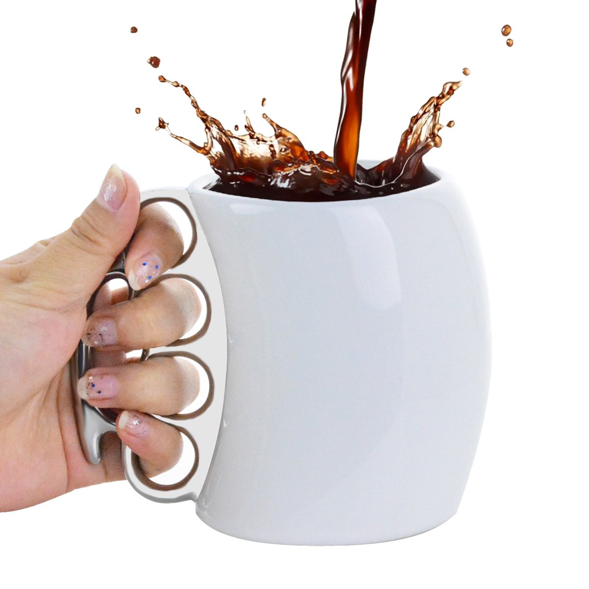 MOACC Fist Cup Brass Knuckle Duster Coffee Mug Creative Ceramic Coffee Milk Tea Fist Mug Cup Cool Gift (White with Silver Handle)
