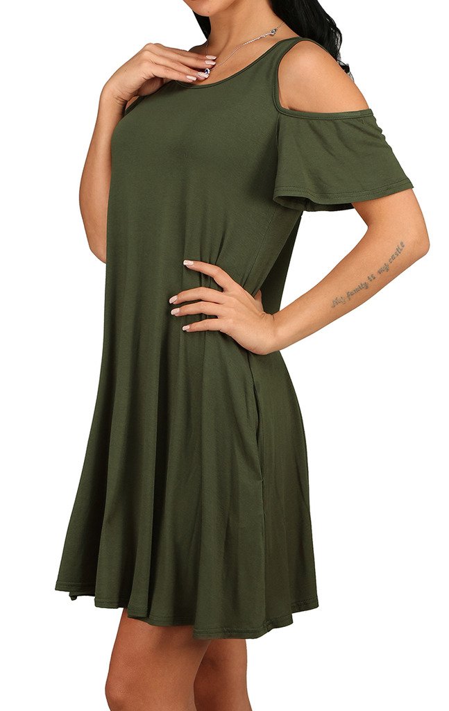 Women\'s Casual Plain Flowy Simple Swing T-shirt Loose Dress Army Green S