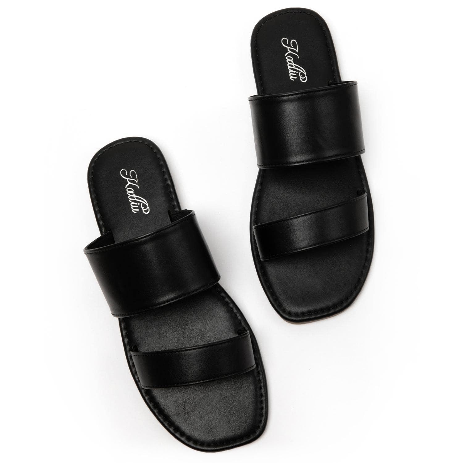 Photo 1 of katliu Women's Flat Sandals Two Strap Slide Sandals Open Toe All Black 7.5