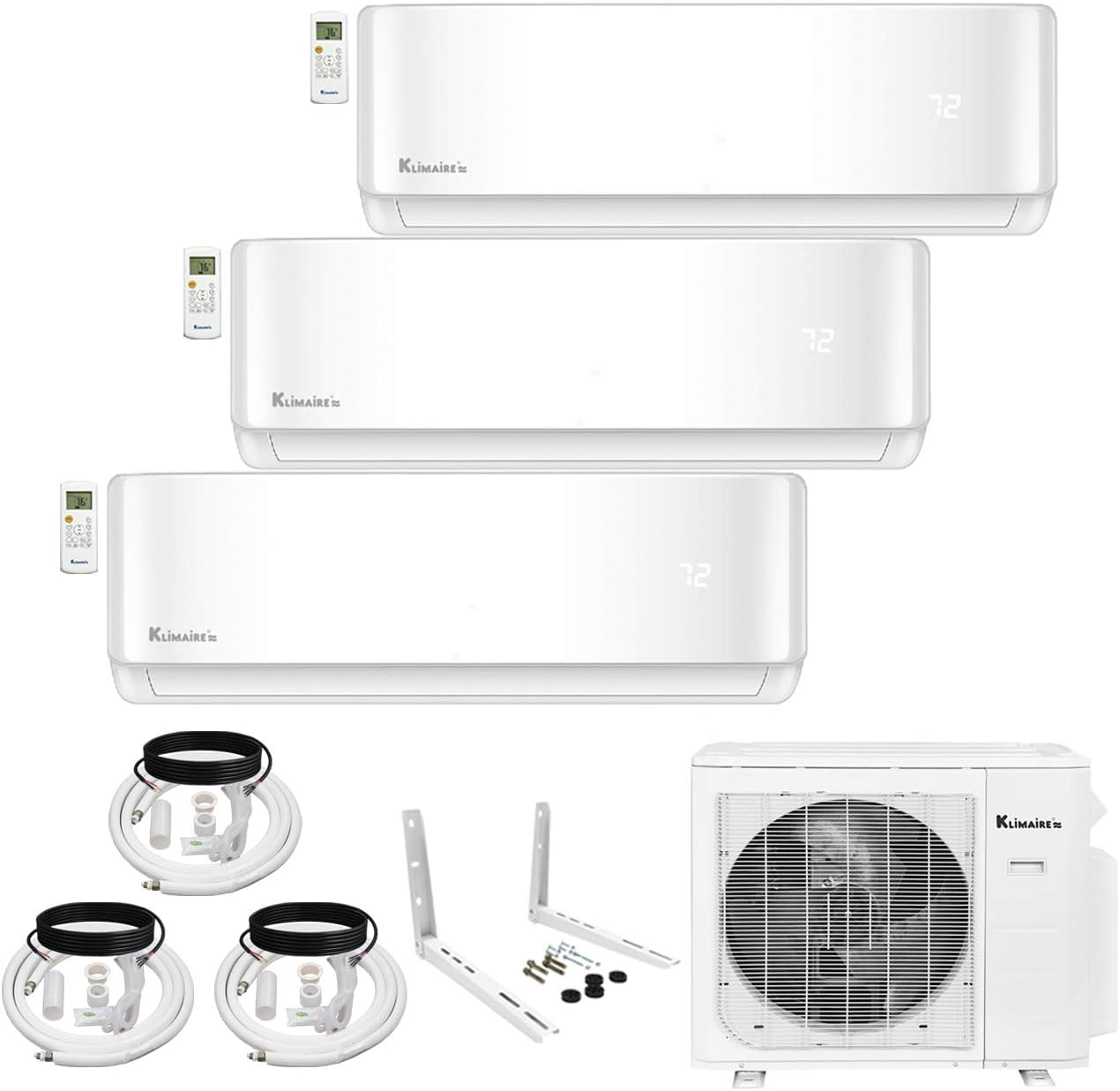 Klimaire 3-Zone 23.5 SEER2 Wall Mounted Ductless Mini-Split 27,000 BTU Heat Pump Air Conditioner bundled with All-Inclusive Installation Kits (12,000 + 12,000 + 12,000 BTU)