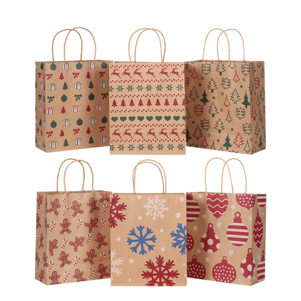 24pcs Christmas Bags 6 Style Gift Bags with Handles Xmas Kraft Bags Christmas Candy Wrapping Treat Bag Party Favor for Holiday Festival