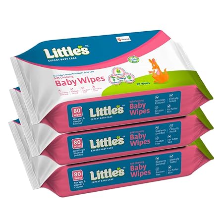 Littles Soft Cleansing Baby Wipes with Aloe Vera, Jojoba Oil and Vitamin E (80 Wipes) Pack of 3