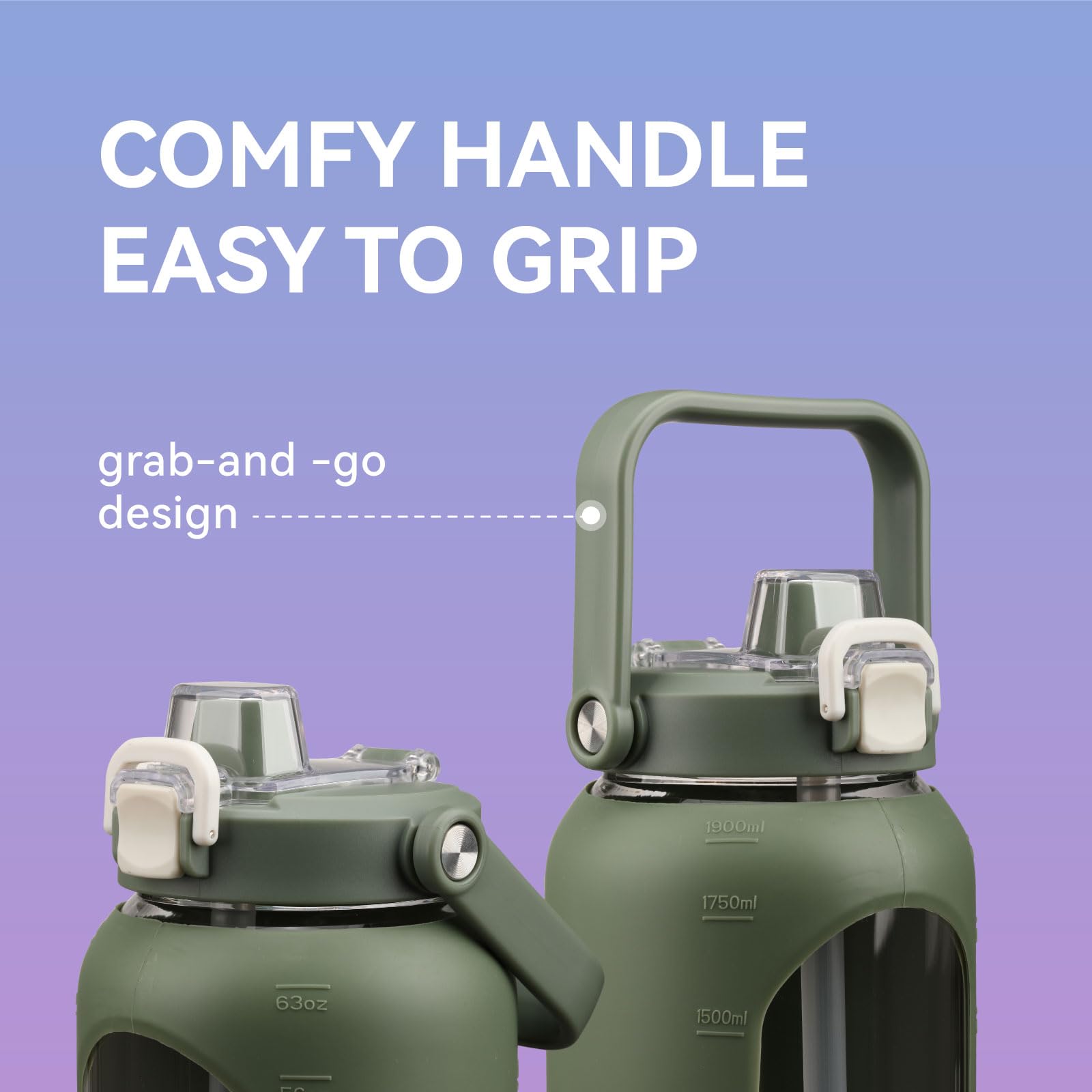 BLUEGO 2L Wasserflasche mit Strohhalm und Griff, Borosilikatglas Trinkflasche mit Silikonhülle für Sport und Reisen, Auslaufsicher, BPA-frei, Olive 6