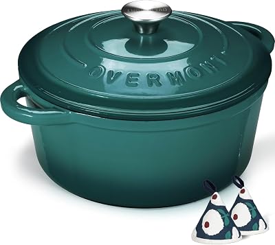 Overmont 26cm Enamelled Cast Iron Round Casserole Pot with Lid Green 5.5QT