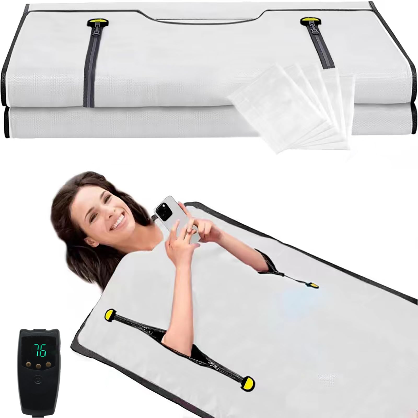 Photo 1 of SEIYIJAY Infrared Sauna Blanket, Upgraded Blanket for Detox, Home Sauna with Remote, Including 5 Pieces Plastic Sheeting for Body Wrap (Silvery)