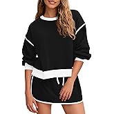 Fisoew Womens Sweatsuits 2 Piece Set Crewneck Sweatshirts High Waisted Skort Skirts Tennis Running Tracksuits Shorts Sets