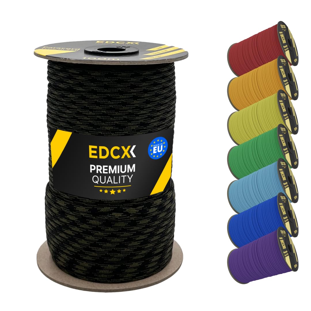 EDCX 4mm Nylon Paracord 550 100m (330 feet) | Ideal for Camping, Survival, Outdoor, Crafting, DIY | 100% Nylon Rope 4mm | Paracord 550 Type III in Solid Color (Black Forest, 100 m)