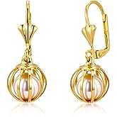 ALEXCRAFT 925 Sterling Silver Pearl Dangle Drop Earrings for Women Trendy Hypoallergenic Leverback 14k Gold Plated Lightweight Ball Pearl Earrings Dangling Statement Freshwater Pearls Jewelry Gifts