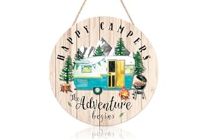 Happy Campers Wood Hanging Sign Plaque, Summer Outdoor Adventure Quote Wooden Door Hanger, Round Tent Camping Wall Art for Ca