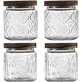 ANSQU 4 Pack Vintage Glass Storage Jar, 16.9 FL OZ Glass Canister Storage Jar Container with Airtight Wooden Lid for Kitchen Counter, Pantry, Coffee, Tea, Sugar, Cookie Jars (Begonia&Sunflower)