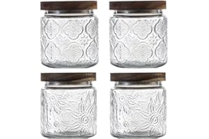 ANSQU 4 Pack Vintage Glass Storage Jar, 16.9 FL OZ Glass Canister Storage Jar Container with Airtight Wooden Lid for Kitchen 
