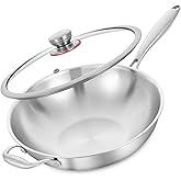 LOLYKITCH Tri-Ply 13 Inch Stainless Steel Wok Pan with Lid, Stir-Frying Pan,Induction Cooking Pan,Dishwasher and Oven Safe,He
