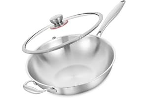 LOLYKITCH Tri-Ply 13 Inch Stainless Steel Wok Pan with Lid, Stir-Frying Pan,Induction Cooking Pan,Dishwasher and Oven Safe,He