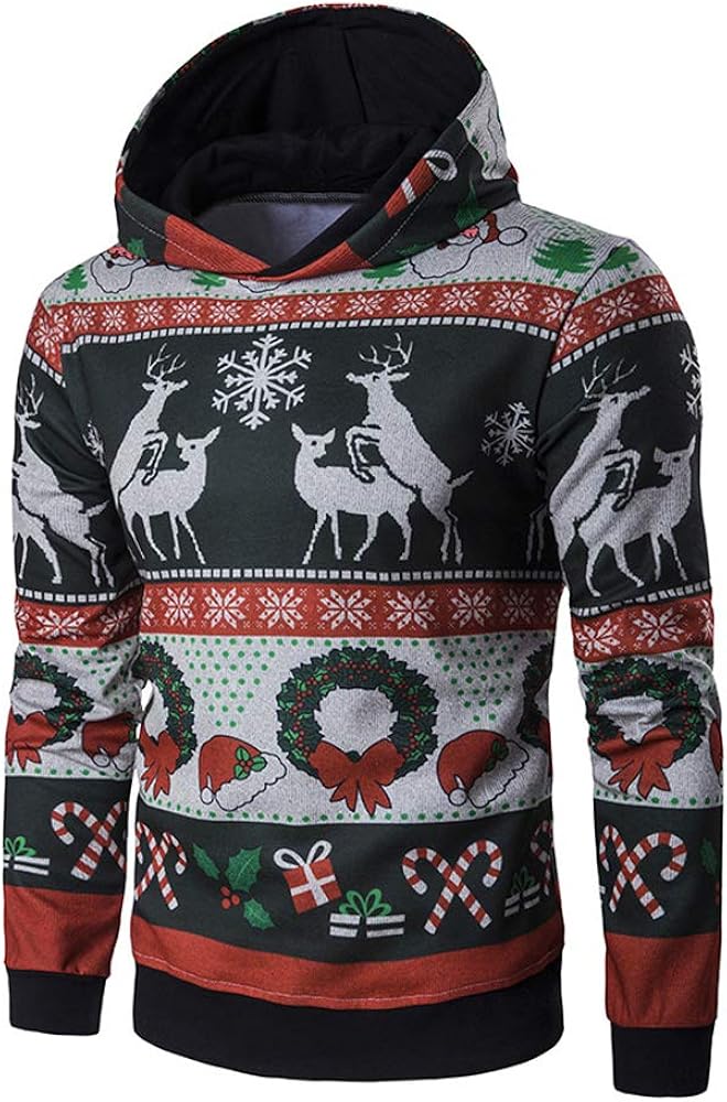 Greetuny Christmas Hoodies for Men Fashion Elk Print Sweatshirt Long