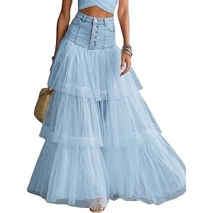 Maxi Skirt for Women Summer Denim Patchwork High Waist Tulle Tiered Flowy Party Club Long Skirts
