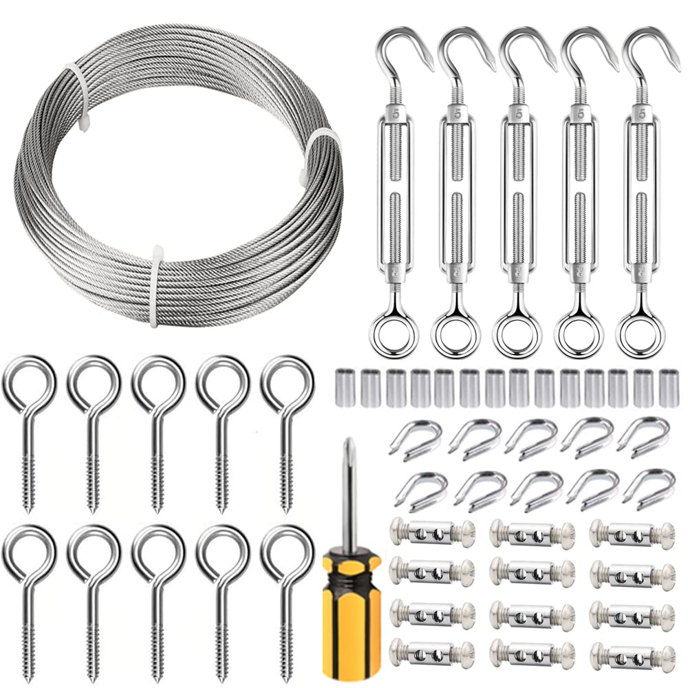 TooTaci 30M Stainless Steel Garden Wire Kit – 1.5mm Wire Rope, M5 Turnbuckle Tensioner, Vine Eyes for Climbing Plants, Outdoor Lights Hanging, Trellis System