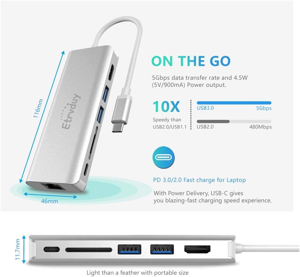 Etrvduy USB C Hub, Multiport USB C Adapter with 4K USB C to HDMI Converter, 2 USB 3.0, Card Reader, Type C Charging, Gigabit Ethernet, USB C Dock Compatible Apple MacBook Pro 13/15/16 (Thunderbolt 3): Computers & Accessories