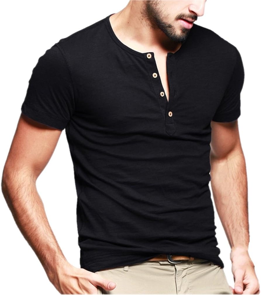 Kuegou Mens Cotton T-Shirts Henley Shirts XX-Large Black