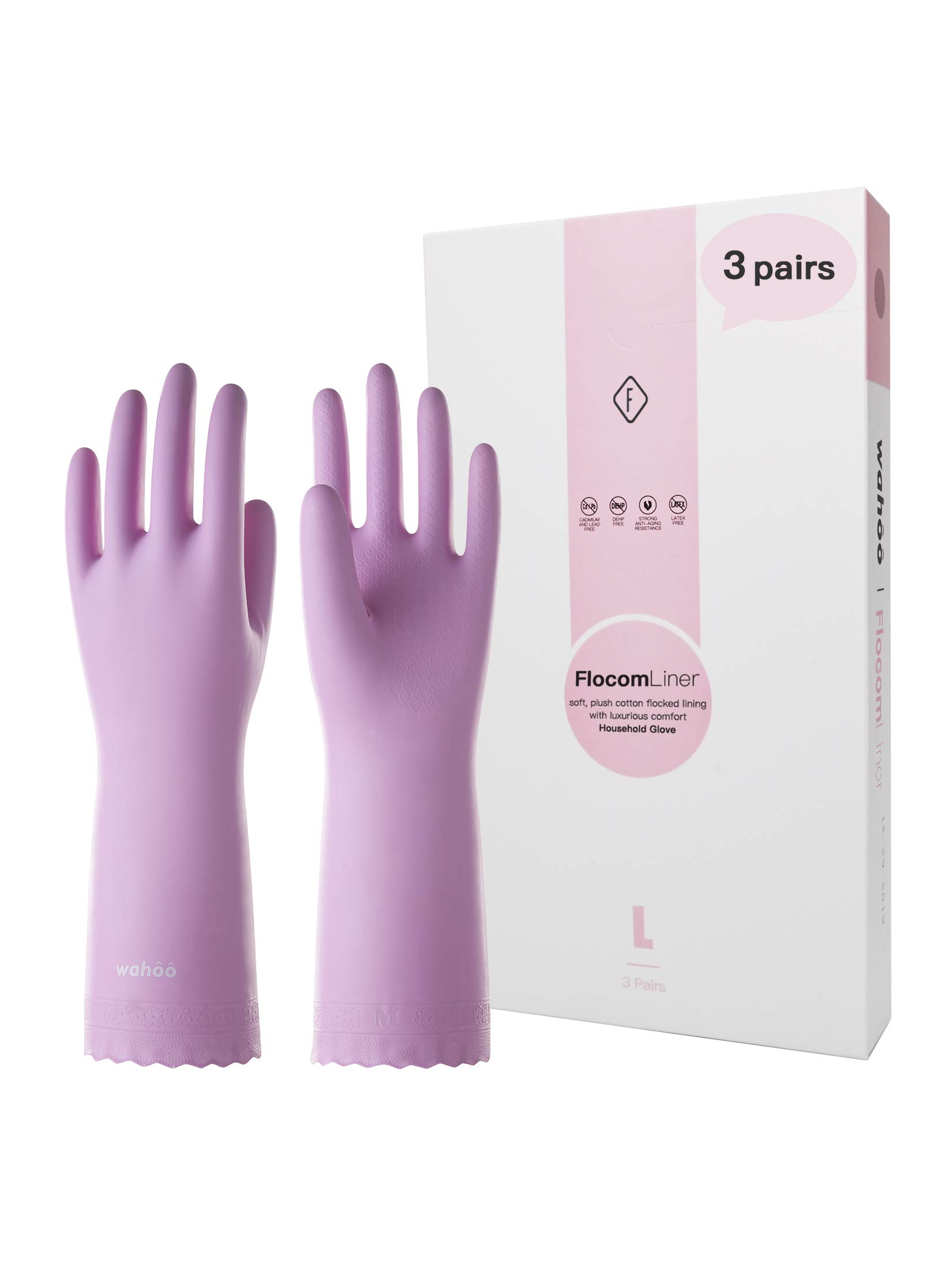 Photo 1 of LANON 3 Pairs wahoo Skin-Friendly Cleaning Gloves, Dishwashing Kitchen Gloves with Cotton Flocked Liner, Reusable, Non-Slip, Mauve Mist, Medium