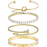 Pokuta Bracelet Bangle Set, 4pcs Stackable Four Leaf Gold Bracelet Set for Wife Mom Girlfriend