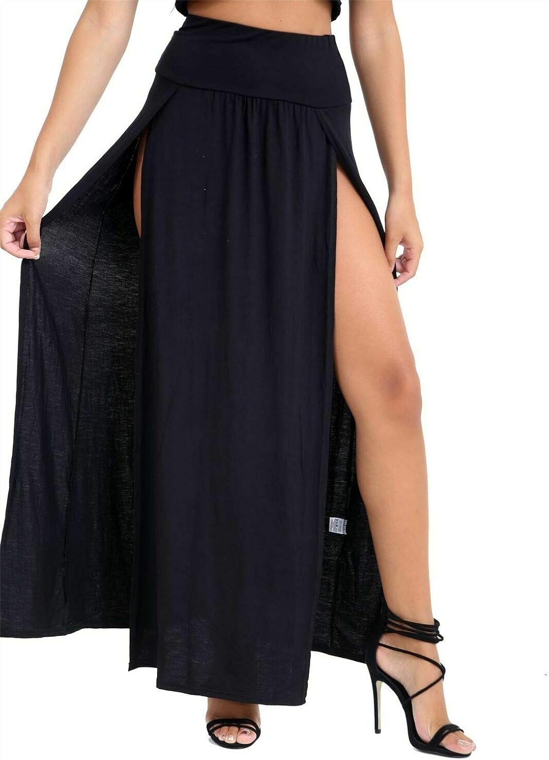 Womens Double Split Maxi Long Skirt Ladies Plain Basic Two Side Slit