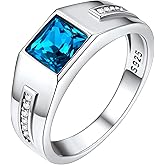 Bestyle Sterling Silver Men Ring, Black/Blue Gemstone Band Ring, Valentine's Day Gift for Dad/Husband, Size 6-13