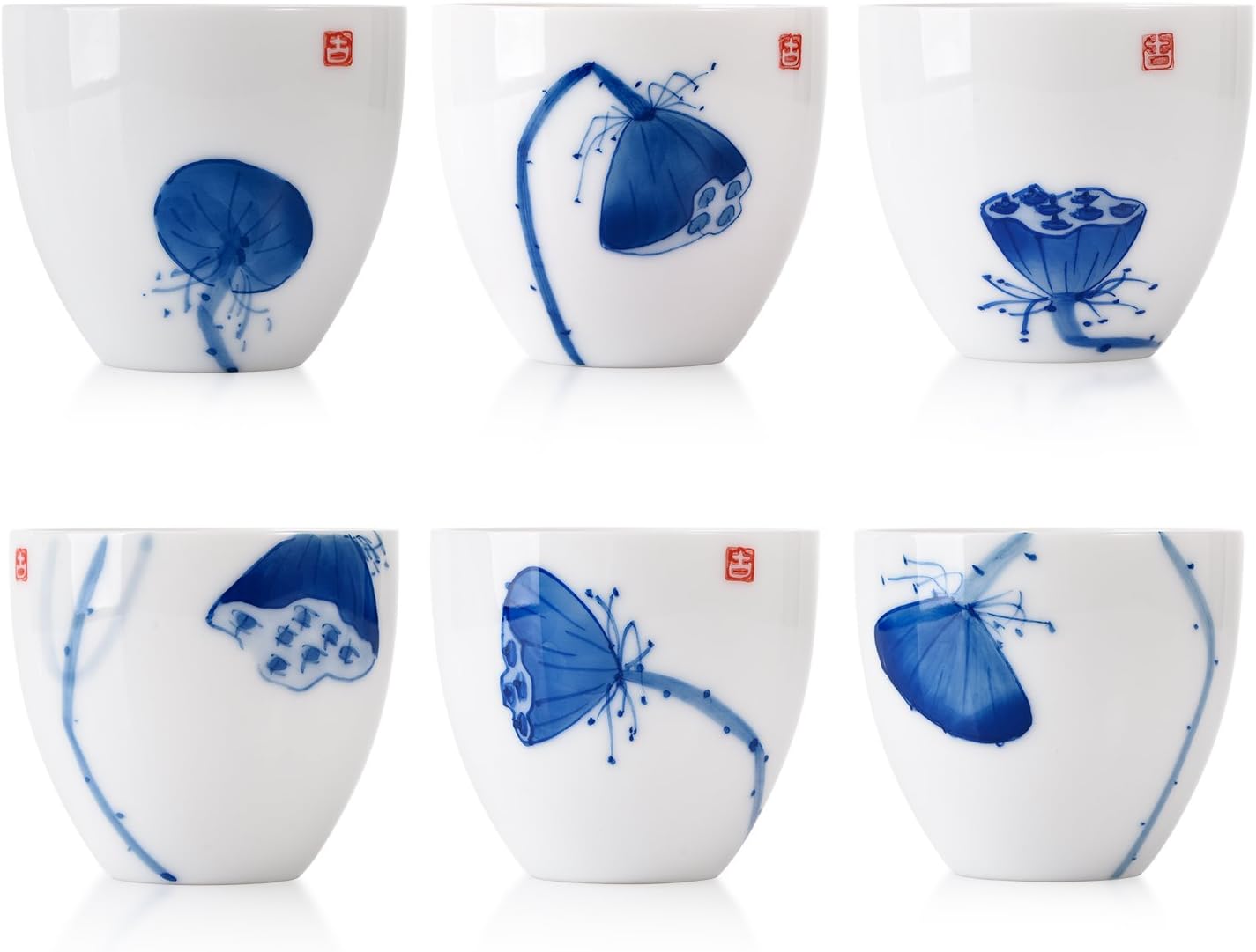 Freehand Sketching Lotus Tea Cup of 6, Blue and White Porcelain Tea Set