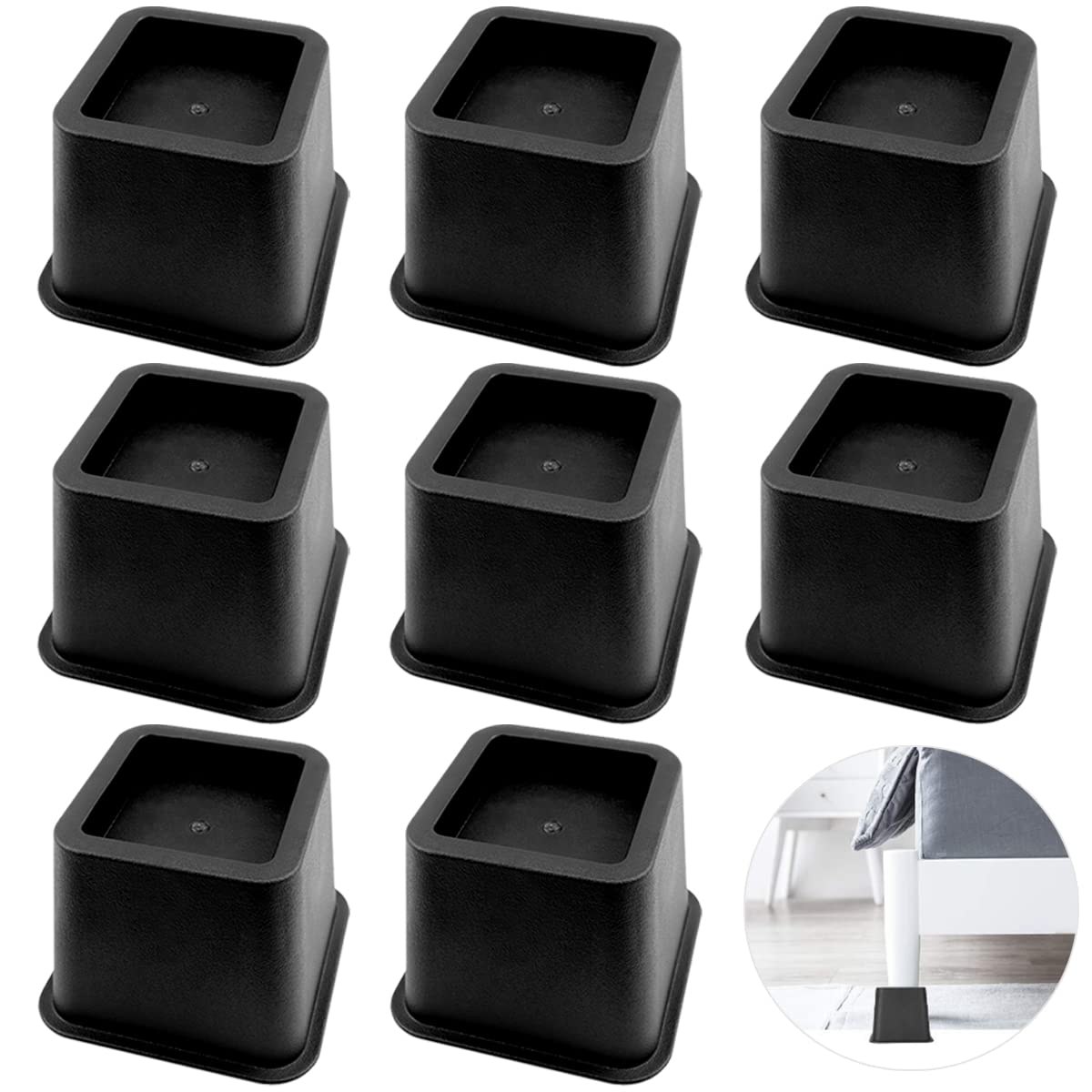 FERCAISH 8 Pcs Bed Risers 3 Inch Heavy Duty Bed Elevators, Square Recess Sturdy Base Set - Furniture Frame for Couch, Chair, Desk, Sofa and Bed(Black)