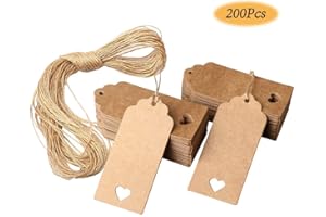 200 Pieces Brown Gift Tags, BetterJonny 4cm*9cm Hollow Heart Name Tags Kraft Paper Tags Hang Tag with 20 Meters String for Lu