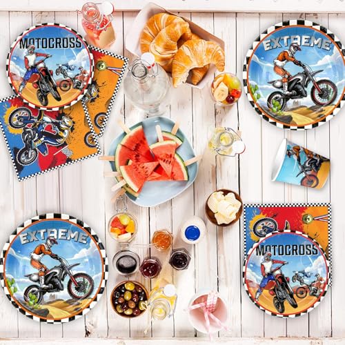 Motorcycle Birthday Decorations, 10 Guests Decoration Kit with Motorcycle Theme Including Plates and Glasses Motocross Napkins Tablecloth Banner etc Birthday Accessories for Motorcycles
