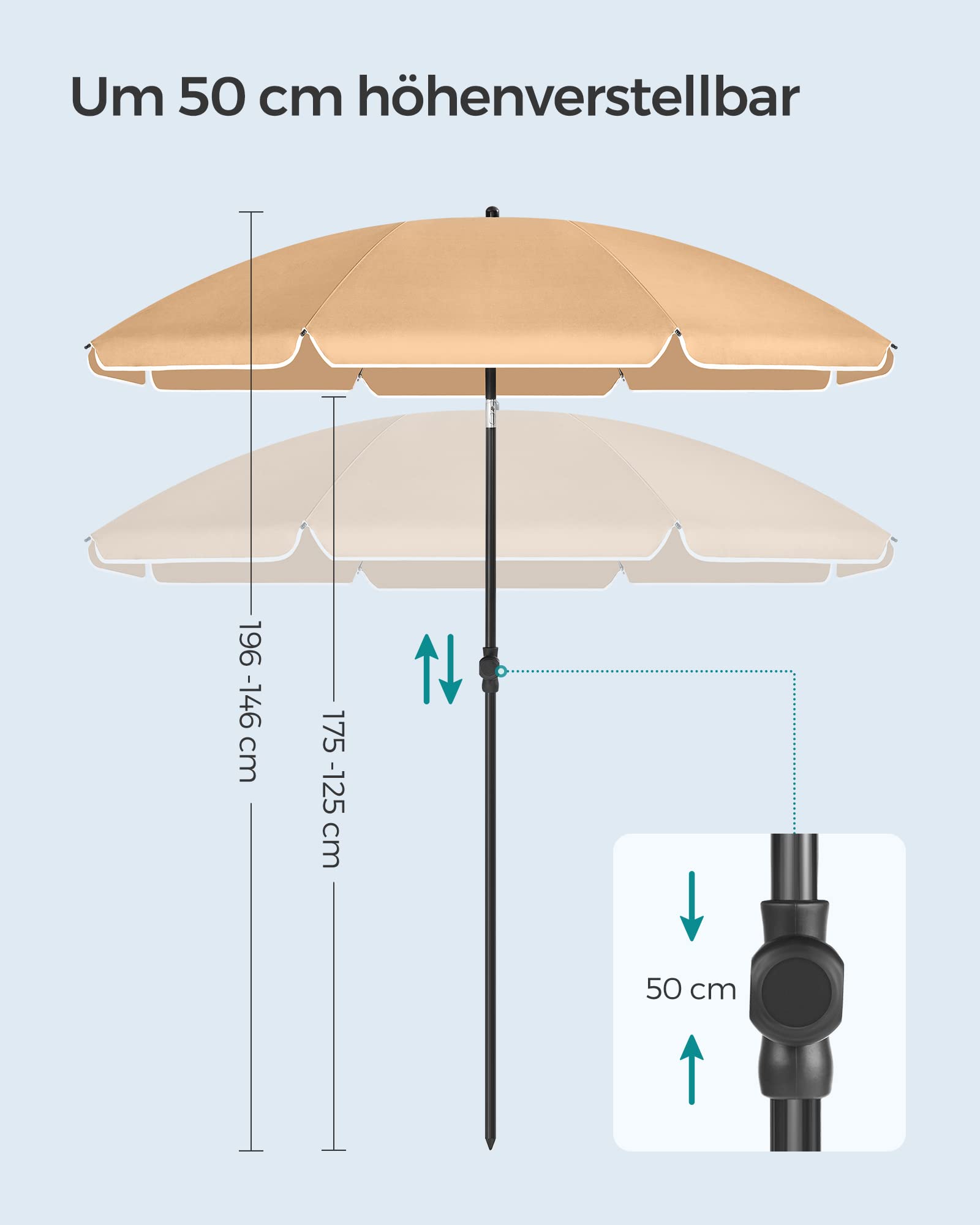 SONGMICS Sonnenschirm, 160 cm, Sonnenschutz UPF 50+, um 30° in 2 Richtungen neigbar, höhenverstellbar, mit Tragetasche, für Balkon, Garten, Terrasse, Strand, ohne Sockel, Taupe GPU60BR 4