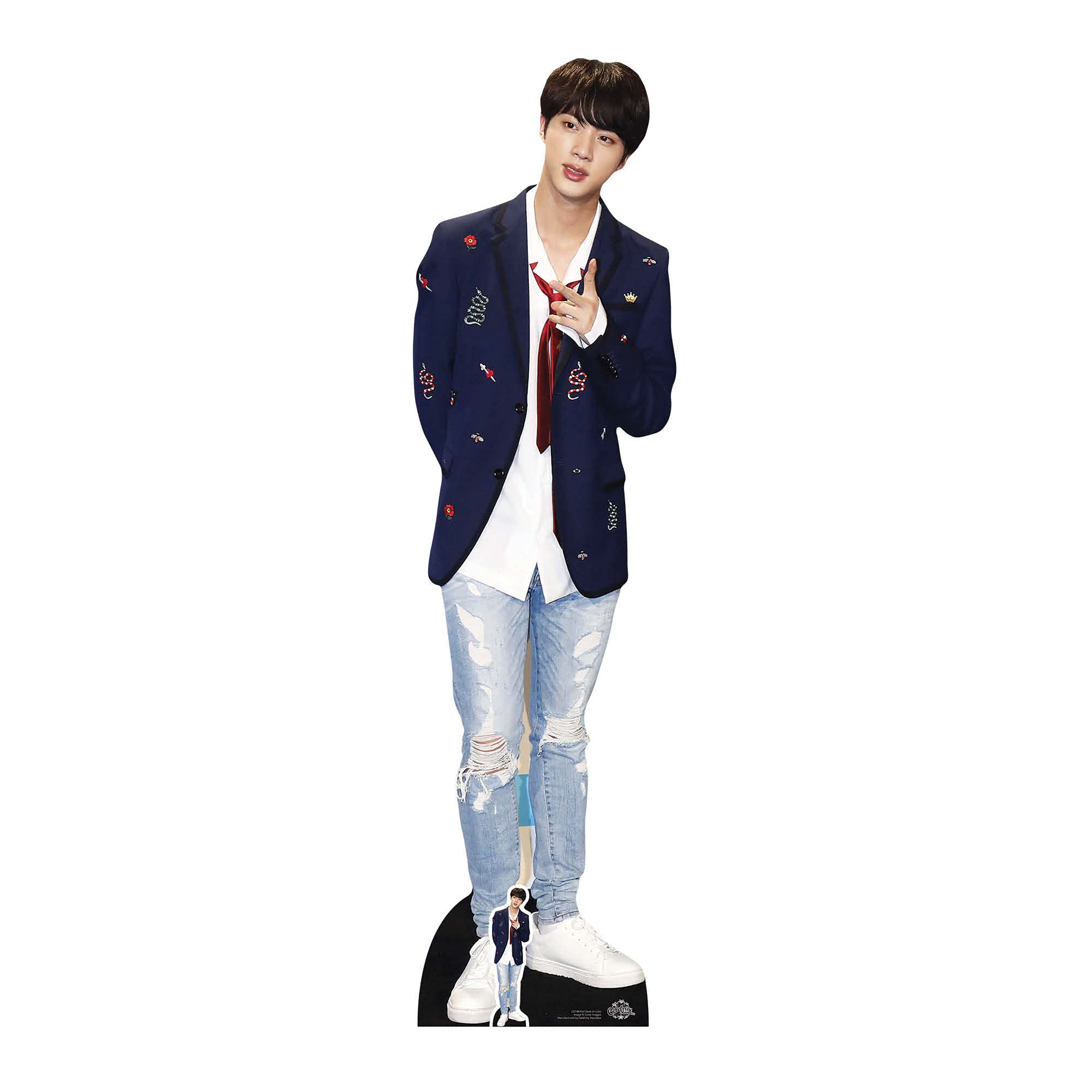 Star Cutouts CS748 Jin BTS Kim Seok-jin Red Tie Lifesize Cardboard Cutout with Free Mini – K-Pop Idol Display, Fan Gift & Party Standee